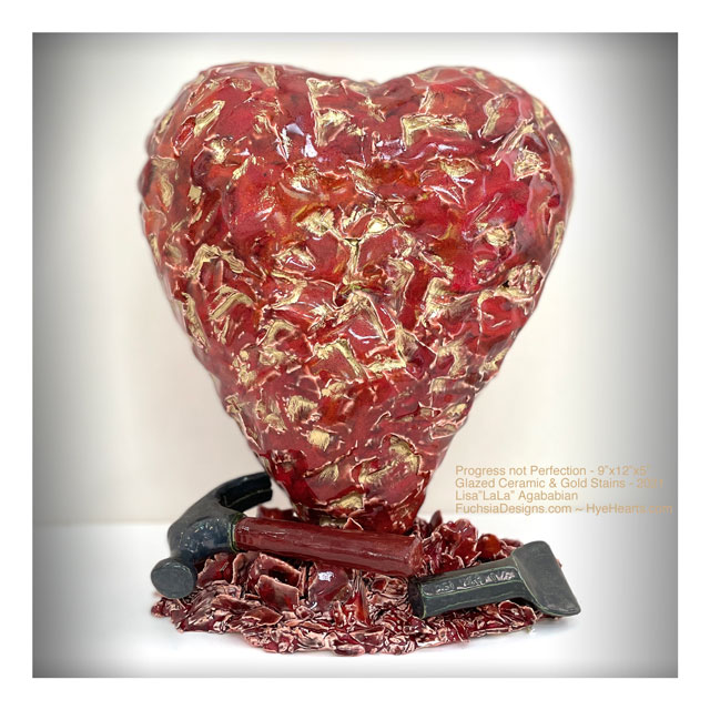 2021 Progress Not Perfection Ceramic Heart Wall or Free Standing Sculpture