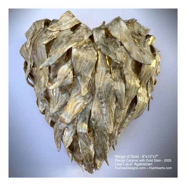 2025 Wings of Gold Large Ceramic Heart Sculpture