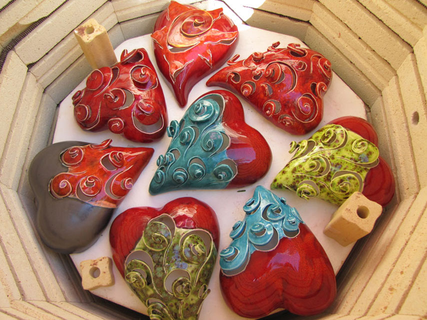 Glaze Firing of Small Hearts Ready to be Unloaded from the Large Kiln